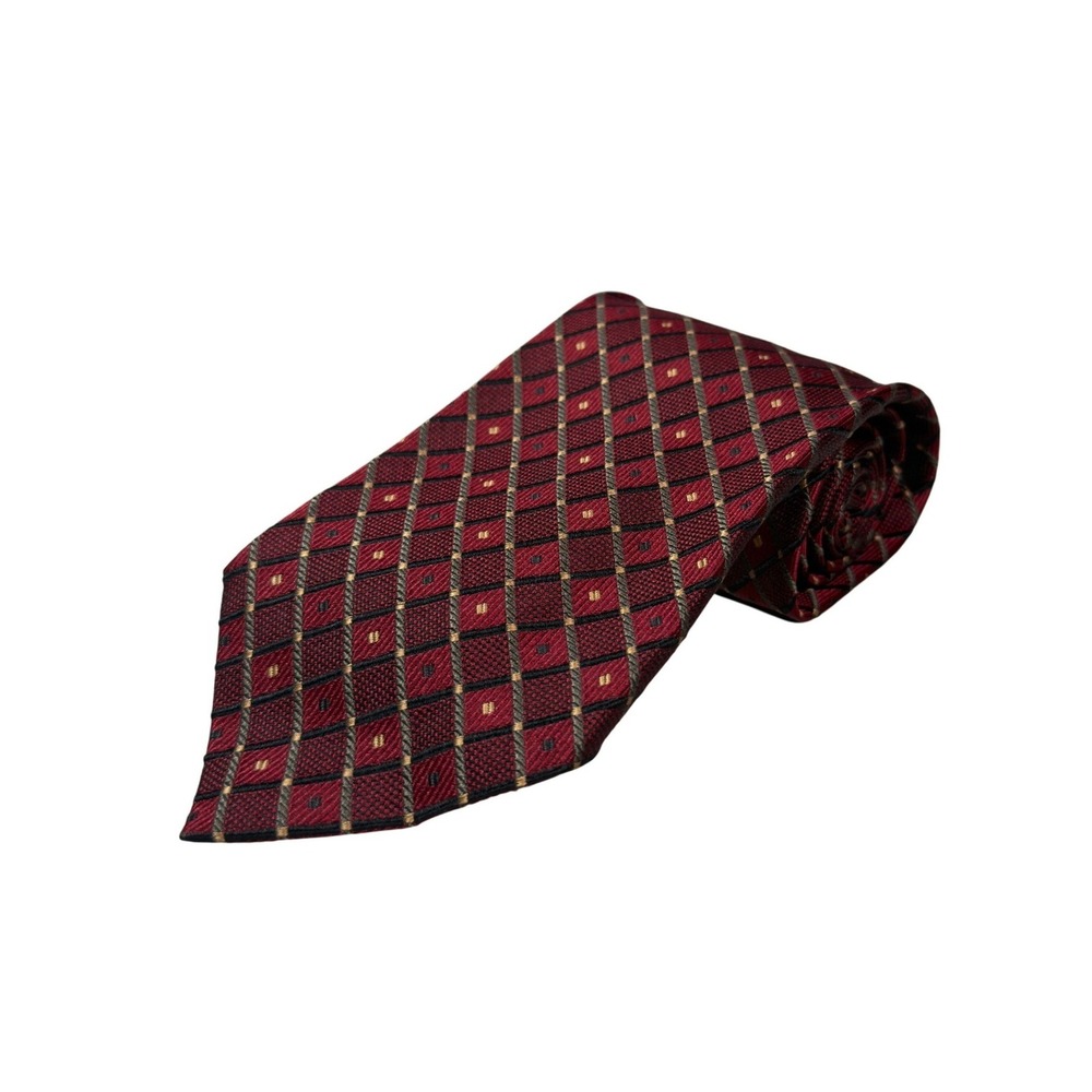 Vintage Valerio Garati Necktie Mens One Size Burgundy Silk Geometric Grid Tie